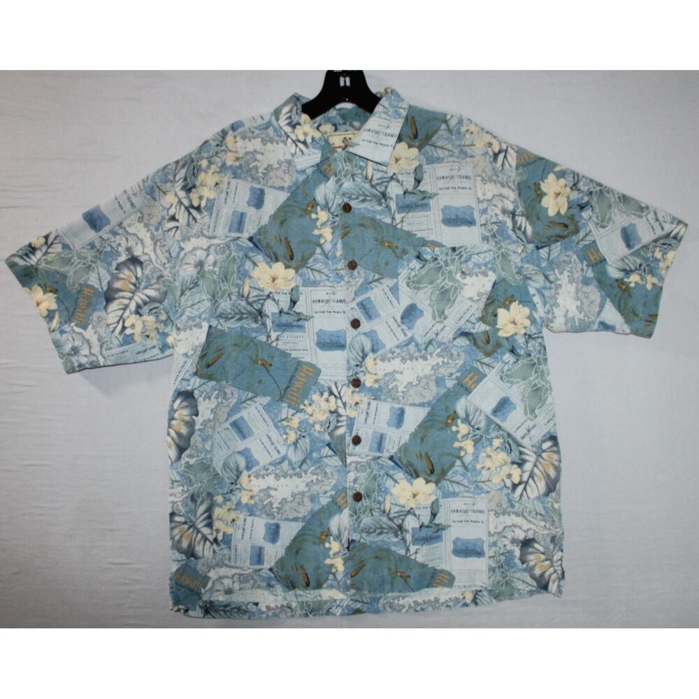 Seven Palm Mens Medium Hawaiian Silk Shirt Hibiscus Green Blue Floral Button Up